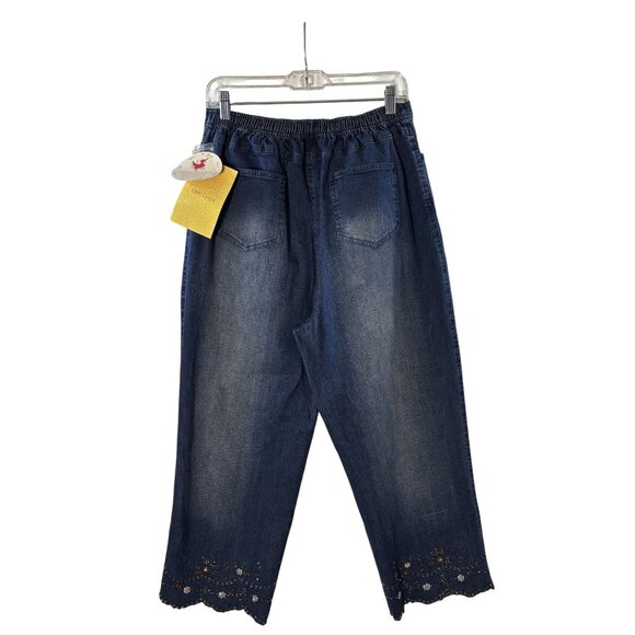 Quacker Factory Dark Wash Cropped Jeans With Sequins Detail At Hem - Picture 2 of 12